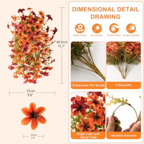 Artificial Hanging Fall Flowers for Outdoors, 2 Pcs Fake Mums Plants - color: Orange Sunset Red