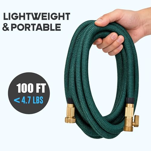 Expandable Garden Hose 100 ft with 10 Function Nozzle Sprayer, Lightweight & No-Kink Flexible Water Hose with Durable Latex Core & Solid Brass Fittings, 100ft Retractable Stretch Hose (DarkGreen)