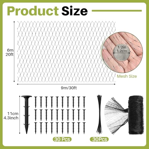 Koi Pond Netting Kit 20 x 30ft, Bird Deer Fence Netting, Durable Net Cover for Leaves, Heavy Duty Fine Mesh, Protect Fish from Blue Heron Birds, Cats & Predators, 30pcs Stakes & Ties Included - color: Black, size: 20 x 30ft