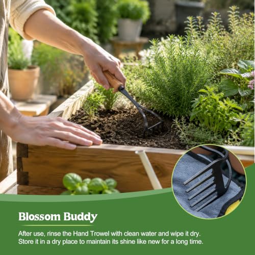Stainless Steel Hand Rake with Wooden Handle, Garden Cultivator Tool for Soil Tilling and Weeding
