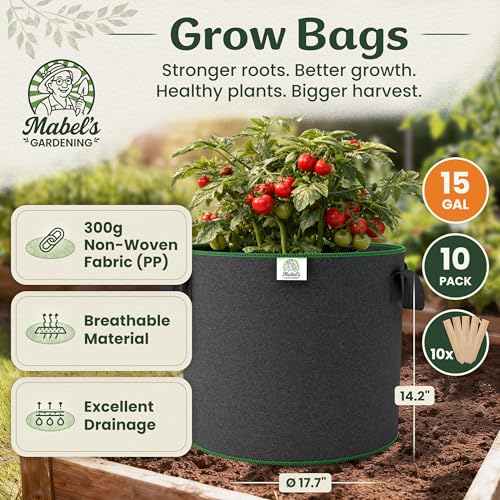 Mabel's Gardening 10-Pack 15 Gallon Grow Bags - Garden Planting Bags 17.7 x 14.2 INCH Made of 8.85 oz/yd² (300g/m²) Felt & Fleece Fabric Plant Pot, Plant Bag, Grow Bag for Pumpkin Potato Tomato - color: 10-pack, size: 15 Gallon