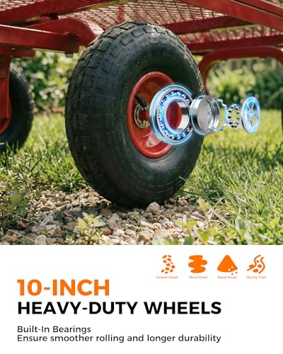 900 Lbs Heavy Duty Steel Garden Cart, Outdoor Metal Garden Wagon On Wheels, Utility Yard Cart with Mesh Removable Sides(Convert to Flatbed) and Removable Handle (to Wheel Barrow), Deep Red - color: Red