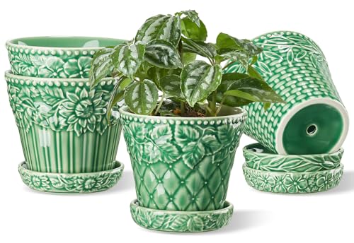 Metahom 4.9 Inch Ceramic Pots for Plants, Flower Pots Set of 4, Green Color - color: Green, size: 4.9 Inch