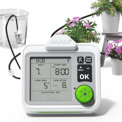 RAINPOINT Large Display Automatic Plant Waterer Indoor for Pot Plant,Cycle & Soak Mode Vacation Self Watering Drip Irrigation System Device Kit Herb Garden Greenhouse Grow Tent Water 10-15 Plants - color: White