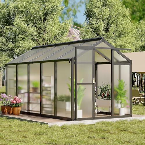 6x8 FT Polycarbonate Walk-in Greenhouse with Roof Vent & Sliding Door - color: Black, size: 6x8 FT