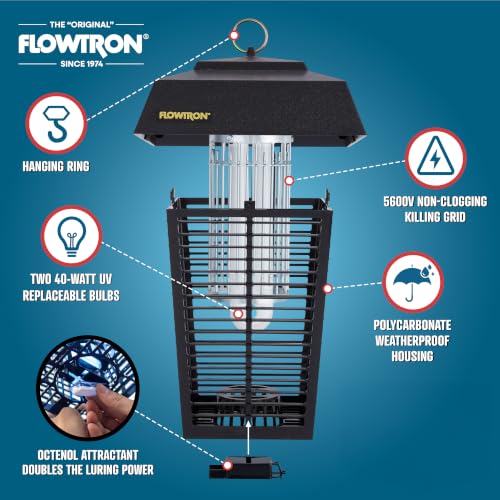 Flowtron Bug Zapper, 1.5 Acre Outdoor, Two 40W UV Bulb, 5600V Zap, Black - color: Black