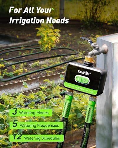 RainPoint WiFi Water Timer for Garden Hose with Brass Inlet & Outlet, 2-Zone Smart Hose Timer, WiFi Irrigation Controller via APP/Voice Control, Automatic Sprinkler Watering System for Lawns and Yard