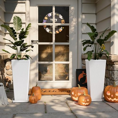 Square Tall Planters for Outdoor Plants with Tray - 24" White 2Pack - color: White-f
