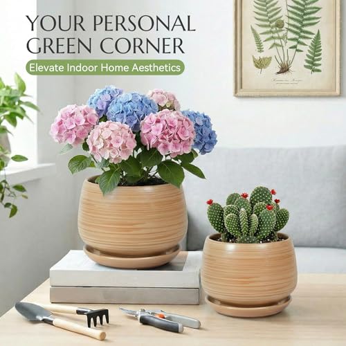 7.5 Inch Flower pots for Indoor Outdoor Plants with Saucer Drainage Leak-Proof Mesh, Ceramic Planter with Gardening Gloves for Succulent and Flower(Khaki Striated) - color: Khaki Striated, size: 7.5 Inch