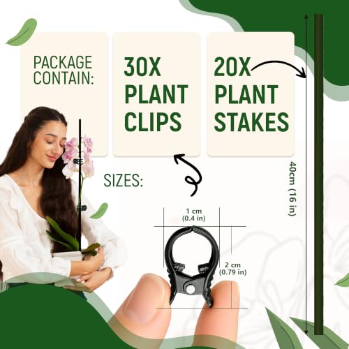 20pcs 16" Bendable Plant Support Stakes & 30 Clips- Orchid Stakes and Clips - color: Green, size: 20 Pcs