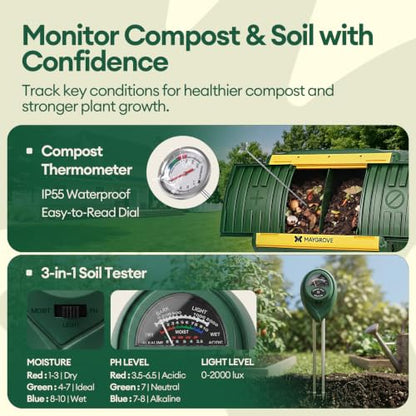 MAYGROVE Outdoor Compost Bin 53 Gallon Dual Chamber Composting Tumbler - color: Green, size: 53 Gallon