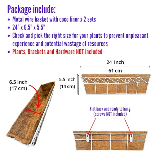 LaLaGreen Outdoor Window Box (24 in, 2 Pack) White Metal Coco Liner Trough - size: 24" (61cm) x 2 pack