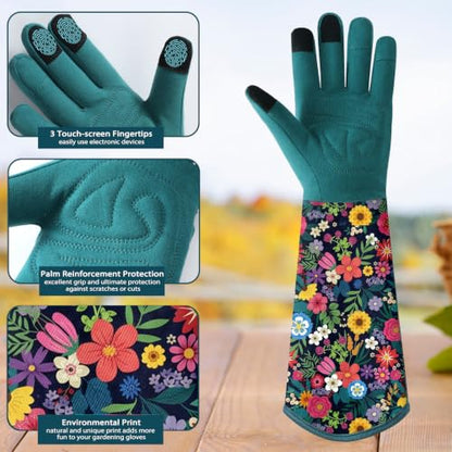 Gardening Gloves for Women, Long Garden Gloves with Grip, Thorn-Proof, Gift - color: Dark Green - Flower