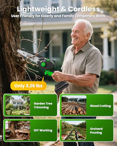 Mini Chainsaw with 1000W Brushless Motor, 8 inch & 6 inch 2 Batteries - color: Green
