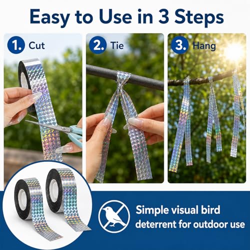 RAINFLOW Bird Scare Tape - 2 Rolls 300FT Reflective Ribbon for Garden