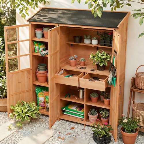 GDFStudio Winley Patio Storage Shed with Workstation, Wooden Tool Shed, Outdoor Tool Storage Cabinet with Shelves, Drawers and Hooks, Waterproof Roof Patio Garden Shed, Tool Organization, Natural