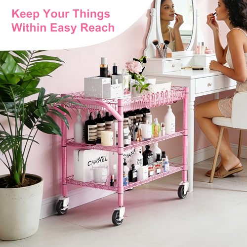 WDT Pink Rolling Utility Cart with Wheels, 990Lbs Heavy Duty Metal Cart with Handle & Shelf Liners, NSF Certified 3-Tier Storage Trolley for Esthetician, Kitchen, Salon & Craft Room, Pink - color: Pink-3 Tier