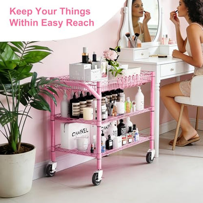 WDT Pink Rolling Utility Cart with Wheels, 990Lbs Heavy Duty Metal Cart with Handle & Shelf Liners, NSF Certified 3-Tier Storage Trolley for Esthetician, Kitchen, Salon & Craft Room, Pink - color: Pink-3 Tier