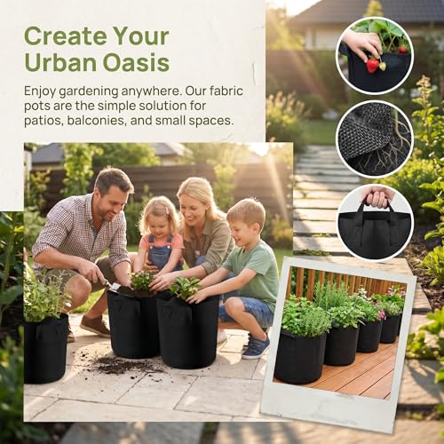5 Pack 3 Gallon Grow Bags, Heavy Duty Nonwoven Fabric Pots with Handles, Plant Grow Bags for Vegetables, Flowers, and Fruits, Aeration Planters for Outdoor and Indoor Gardening