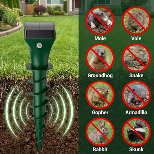 Mole Repellent Solar Powered, 8 Pack Gopher Repellent Ultrasonic for Lawns, IP65 Waterproof Mole Deterrent for Yard, Outdoor Pest Control for Groundhog, Vole, Armadillo, Chipmunk, Snake