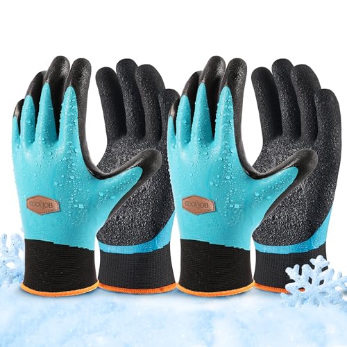 COOLJOB 2 Pairs Winter Waterproof Gardening Work Gloves with grip, L - color: Fleece/Blue, size: Large (Pack of 2)