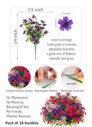 AXYLEX Artificial Flowers for Outdoors, 16 Bundles Fake Plants (Multi 16) - color: 16 Pcs - Pink+purple+red Pink+lavender