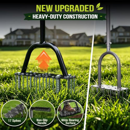 Manual Lawn Aerator Tool with 17 Spikes, Soil Aerating Tool with Gloves