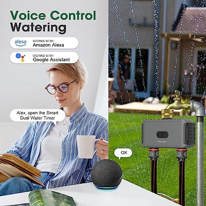 WiFi Hose Timer with Brass Inlet, 2-Zone Sprinkler Timer for Irrigation - color: Black, size: 2 Outlets - T