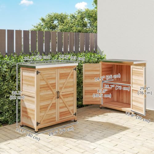Outsunny Outdoor Storage Cabinet with Metal Tabletop Shelves Natural Wood - color: Natural Wood