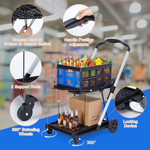 Durable 2-Tier Collapsible Garden Cart – Removable Crate, Lightweight Aluminum Frame, 360° Swivel Wheels, Collapsible Outdoor Utility Trolley for Market, Home, Apartment, Blue - color: Blue