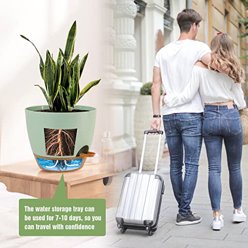 UOUZ Large Self Watering Pots, 12/10/9 Plastic Planters with High Drainage Holes and Deep Reservoir for Indoor Outdoor Garden Plants and Flowers, Green with Brown - color: Green With Brown