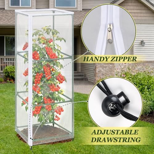 3PCS Garden Bird Netting for Square Tomato Cage with Zipper & Drawstring - size: 17.7x17.7x59in