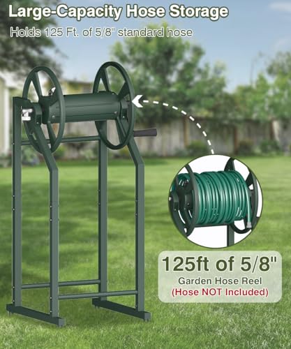 4-Spike Garden Hose Reel with 3.9ft Leader Hose & Stainless Fitting, Outdoor Hose Holder holds 125ft Hose of 5/8", Freestanding Metal Hose Stand for Outside Yard Lawn, Green - color: Green