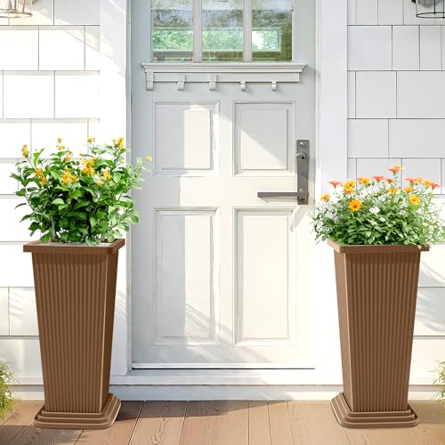 TUYOHW 24 Inch Tall Tapered Square Planters (Set of 2) - Indoor Outdoor Large Flower Pots with Built-in Drainage & Matching Water Tray for Patio, Garden, Home - Brown - color: Brown-ribbed