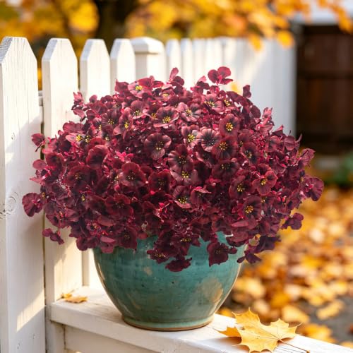 16 Artificial Fall Pansy Flowers for Outdoors, UV Resistant Faux Plants - color: Wine Red