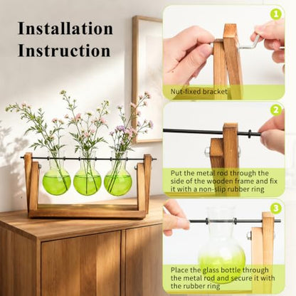XXXFLOWER Plant Terrarium Kit with Wooden Stand 3 Gradient Green Bulb Vases - color: Green
