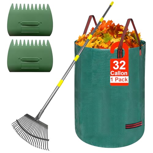 Adjustable Metal Leaf Rake Set, 38-73" Handle, 19" Wide with Gallon Leaf Bags & Leaf Grabbers – Heavy Duty Garden Rake for Lawns, Shrubs, Grass, Flower Beds & Outdoor Use - style: RAKE-SET-B