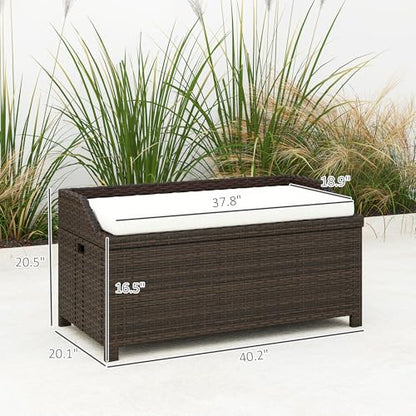 40" Outdoor Wicker Storage Bench, 34 Gallon Deck Box with Cushion, Coffee - color: Coffee,cream White