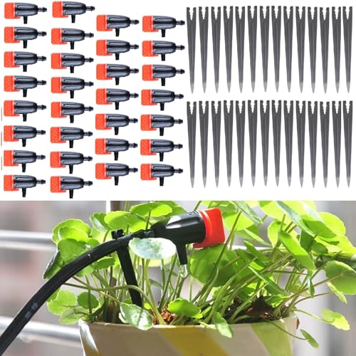 60PCS Garden Irrigation Dripper,Drip Emitters for 1/4" Drip Irrigation Tubing with Support Stakes, Adjustable Water Flow Drippers Watering Dripper Sprinkler for Watering System for (4-7mm) Hose (60)