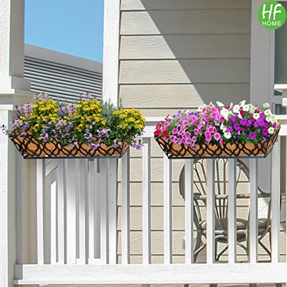 HFHOME 24 Inch Deck Railing Planter Box with Horse Trough Coco Liner, 24" Window Boxes with Coconut Coir Liner, Black Metal Hanging Flower Planter Basket for Outdoor Indoor Lawn - 4 Pack - size: 24 Inch 4-Pack Floral-Pattern