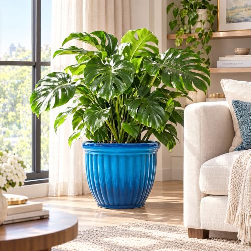 Autodaya 15" Large Planters for Outdoor Plants Set of 2 Plastic Flower Pots - color: 15" Gradient Cobalt Blue Finish