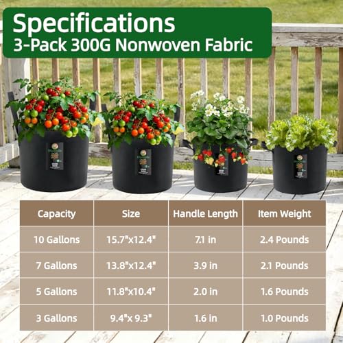 Dipuosile 3-Pack 10 Gallon Grow Bags,300G Aeration Planters Long Handles Veg Strawberry Indoor & Outdoor - size: 10 Gallons