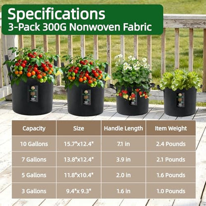 Dipuosile 3-Pack 10 Gallon Grow Bags,300G Aeration Planters Long Handles Veg Strawberry Indoor & Outdoor - size: 10 Gallons