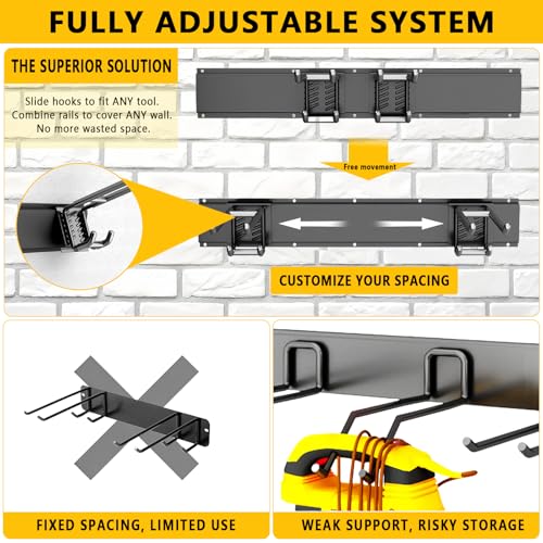 Garage Tool Organizer Wall Mount, 64inch Heavy-Duty Garage Storage System and Garden Tool Organizer with 12 Adjustable Hooks for Shovel, Snowboard, Yard Tools and Shed - size: 64"-12hooks