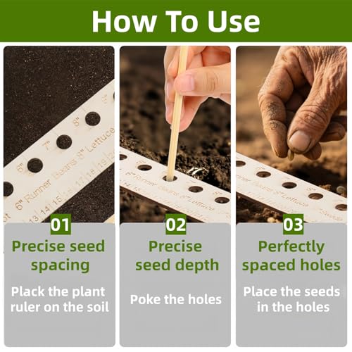 Spacer Tool Seeder Planting Ruler, Precision Seed Spacer & Ruler with Holes and Plant Dibber, for Vegetable, Garden, Yard, Wooden with Holes