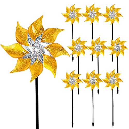 Hausse 10 Pack Reflective Pinwheels with Stakes (Assembly Required), Extra Sparkly Pin Wheel for Garden Decor, Bird Repellent Devices Deterrent to Scare Birds Away from Yard Patio Farm, Golden - color: Golden