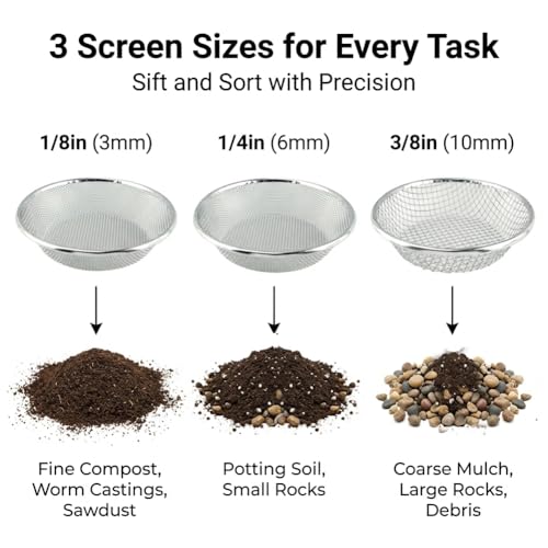 3Pcs Soil Sifter Sieve,3 Mesh Sizes (1/8", 1/4", 3/8") Heavy Duty Galvanized Steel Compost Sieve for 5 Gallon Bucket,Round Garden Sifter for Compost, Dirt, Rocks, Gravel & Garden