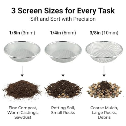 3Pcs Soil Sifter Sieve,3 Mesh Sizes (1/8", 1/4", 3/8") Heavy Duty Galvanized Steel Compost Sieve for 5 Gallon Bucket,Round Garden Sifter for Compost, Dirt, Rocks, Gravel & Garden