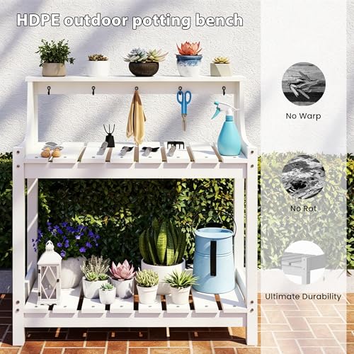 Domi 3-Tier Potting Benches for Outside, HDPE Outdoor Potting Table, White - color: White