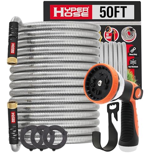 Best 50 ft Metal Garden Hose Set - No-Kink Durable 316 Stainless Steel, 10-Way Zync Spray Nozzle & Hook – Tough Flexible Heavy Duty Water Hoses, 5/8 in, Rust, Weather, LeakProof - size: 50 FT SET